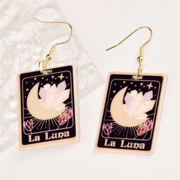 “La Luna” Crystal Growth Crescent Moon Starry Night Sky Roses Tarot Card Earring - Picture 2 of 4